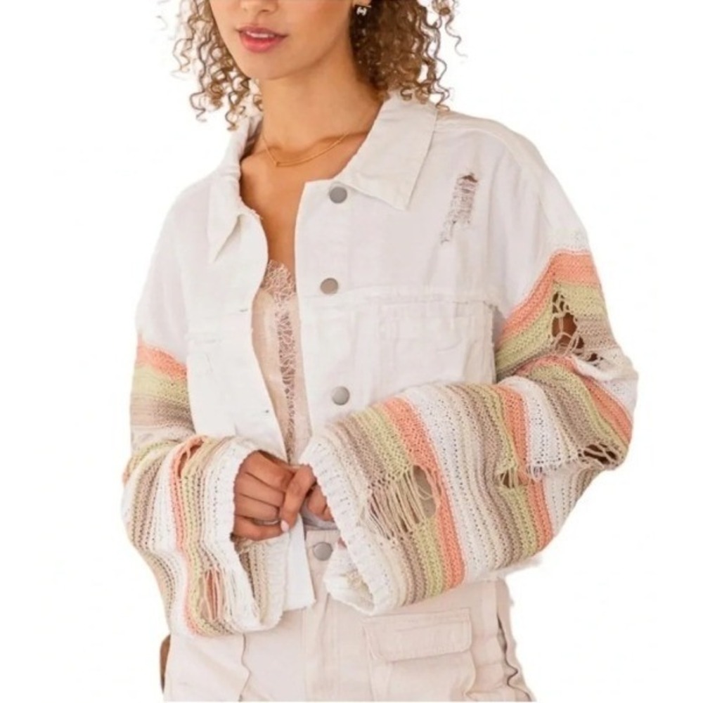 POL White Distressed Denim Jacket Green Tan Striped Knit Wide Sleeves Small NWT